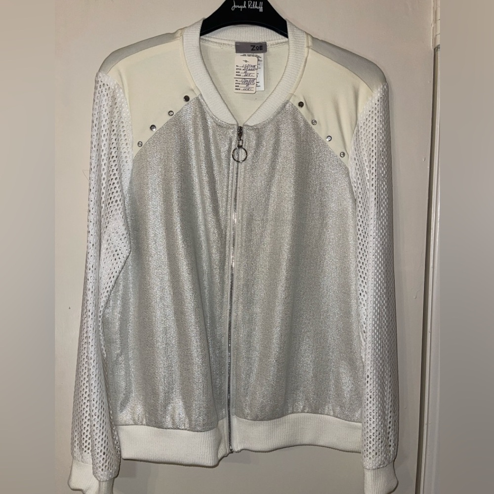 Zoe Italian Silver & White Never Worn Women's Zip Jacket With Open Knit Sleeves